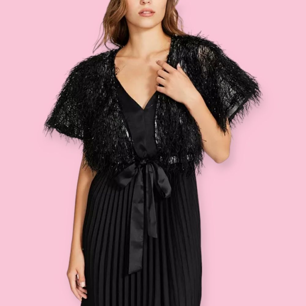 Steve Madden Faux-Feather Metallic Shrug – Black